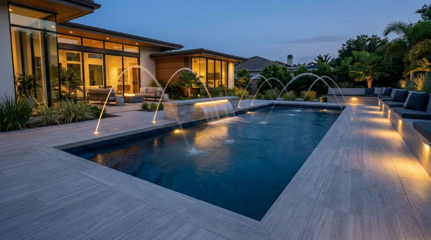 Geometric Pool with Water Features