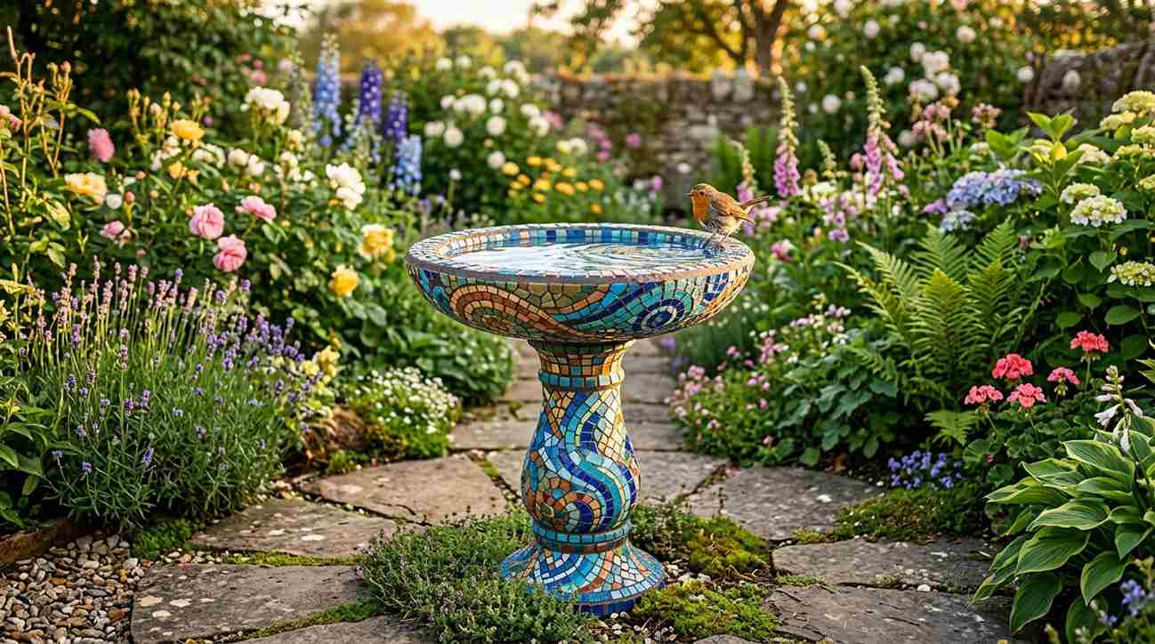 Mosaic Birdbath Garden Art