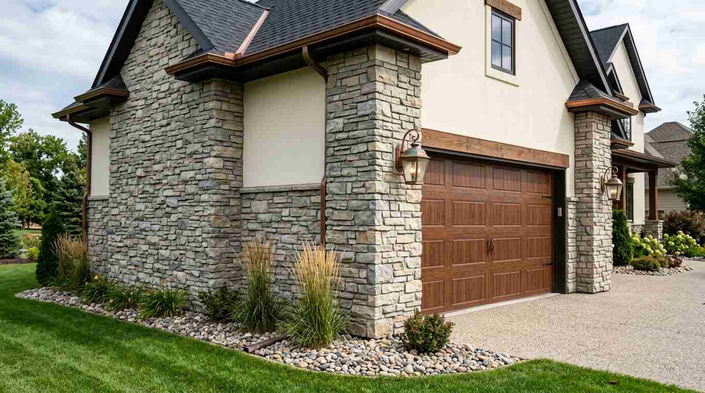 Stone Veneer Accents Around Garage