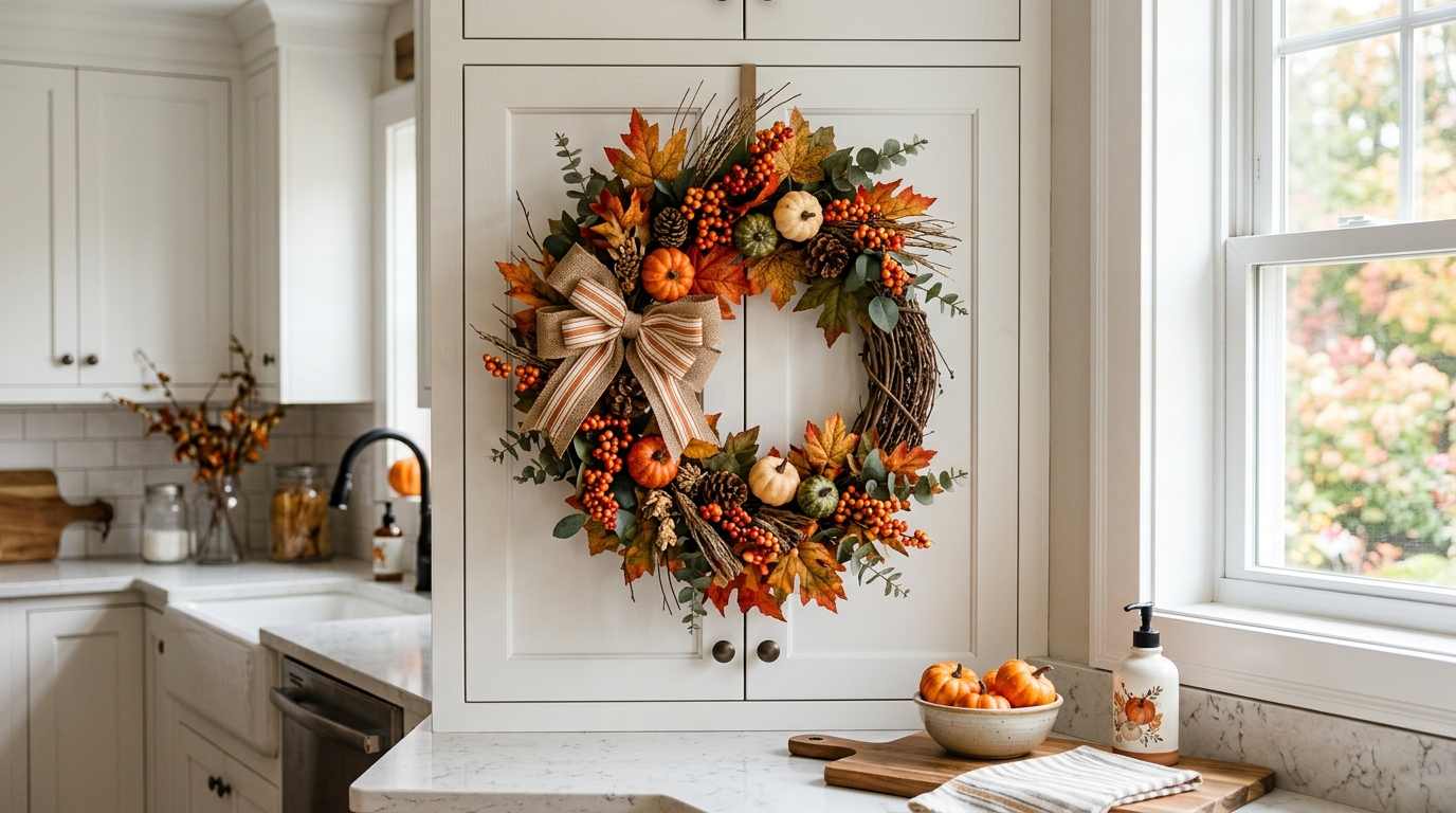 Fall Wreaths on Kitchen Windows or Cabinets