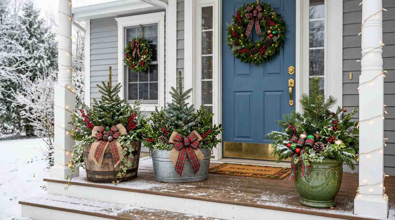 Seasonal Greenery Wreaths on Garden Fence Posts