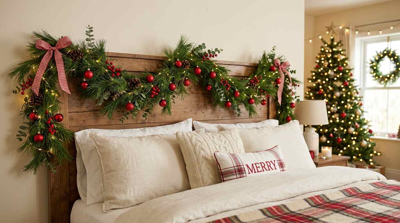 Cozy Red and Green Traditional Christmas Bedroom