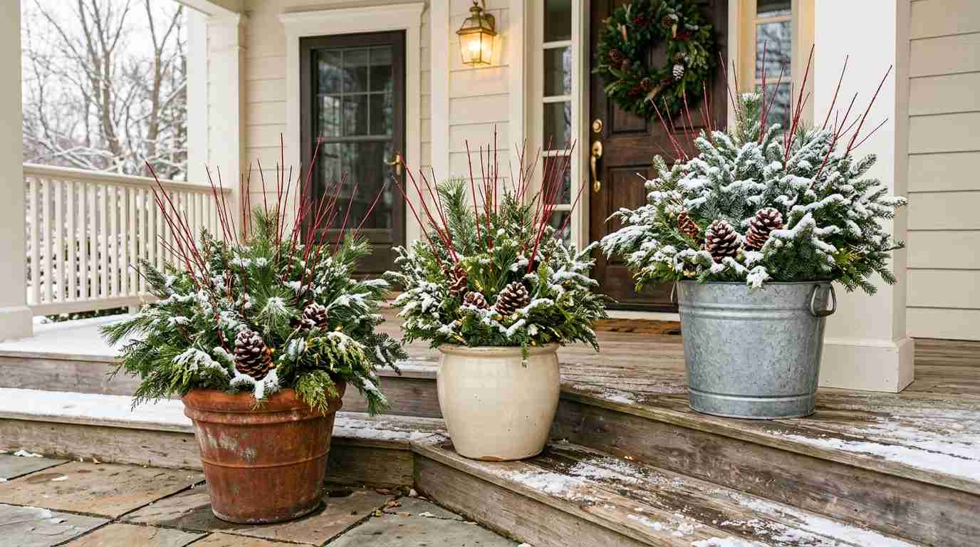Evergreen Container Planters with Red Twig Dogwood
