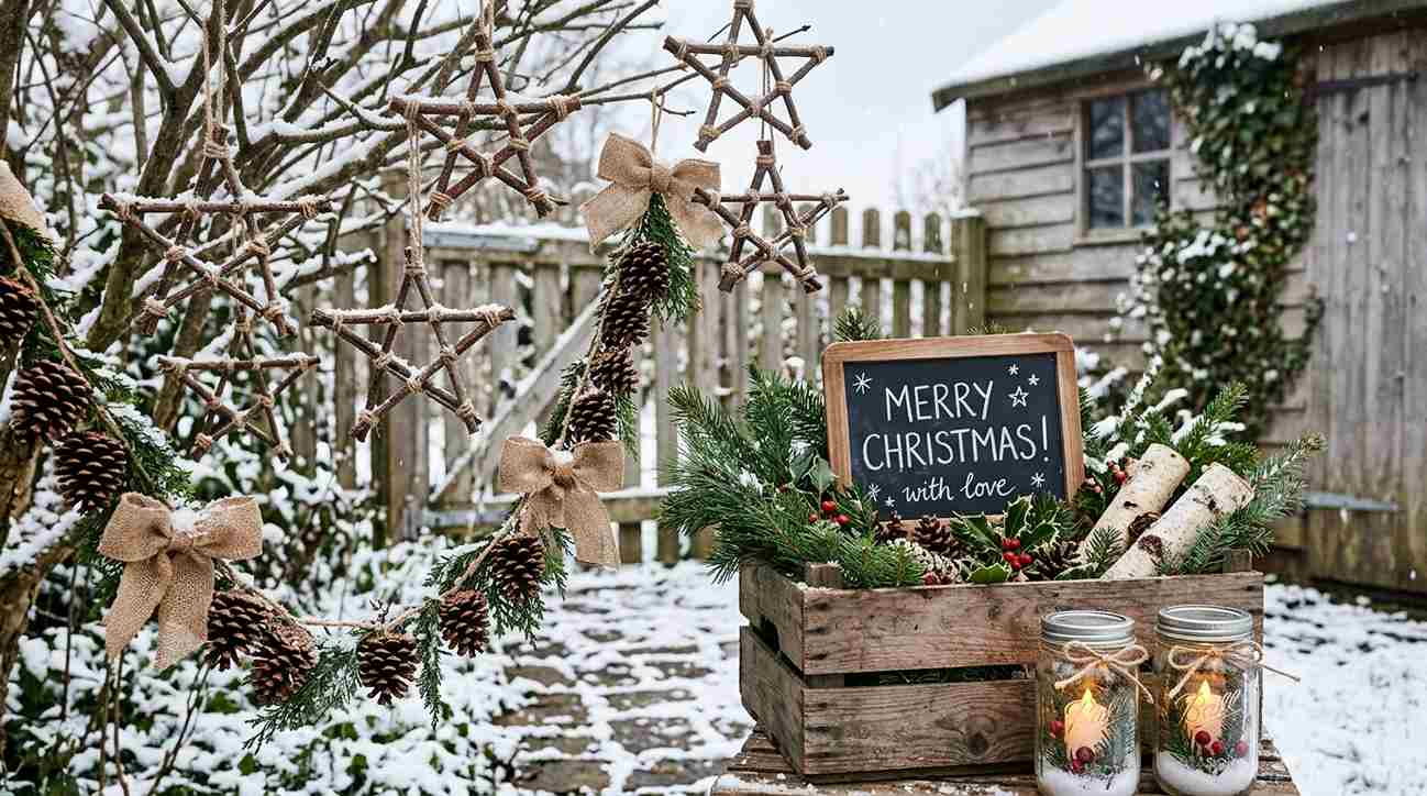 Rustic Wooden Sled Display with Potted Poinsettias