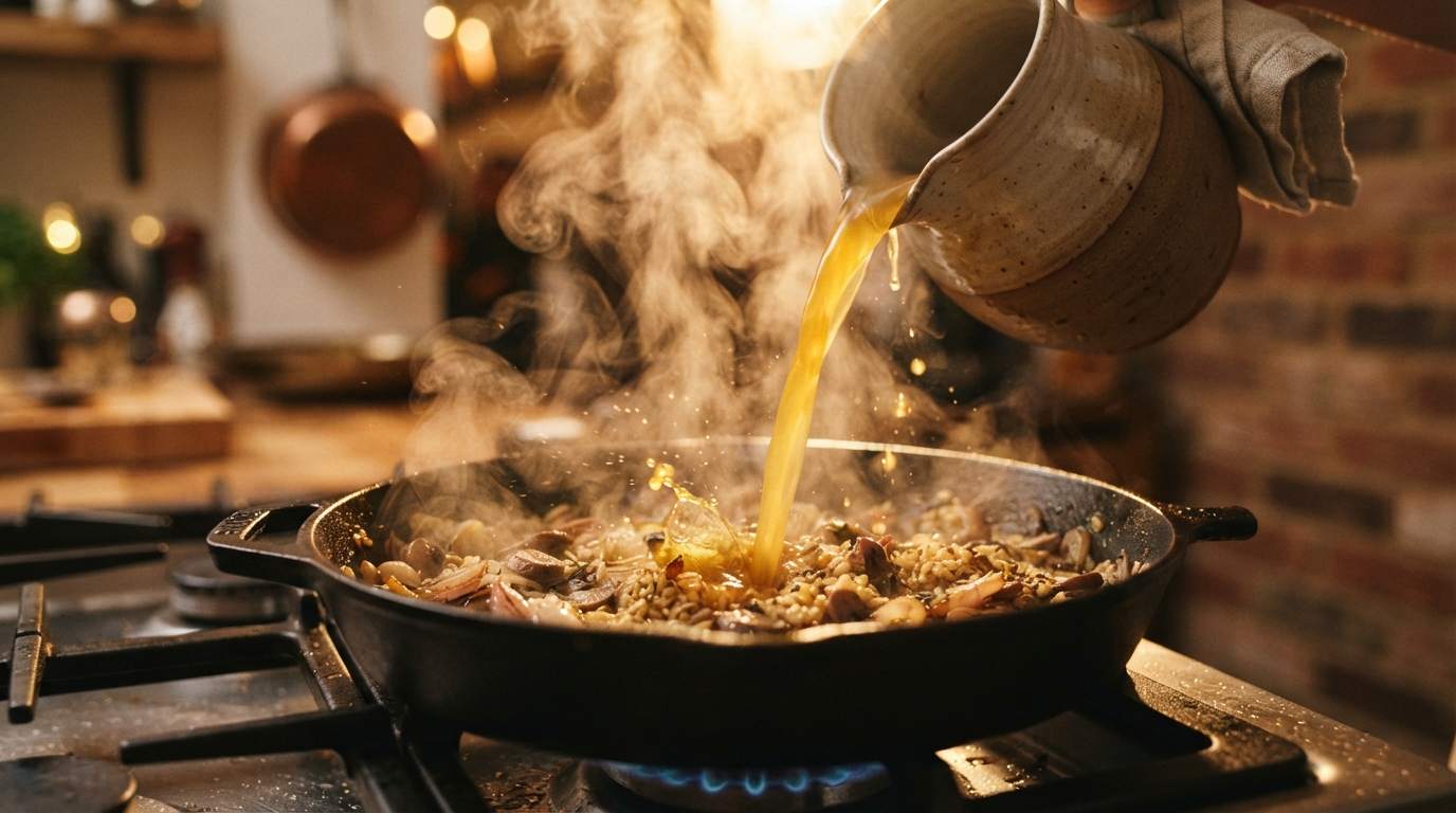  Add liquid and cook.