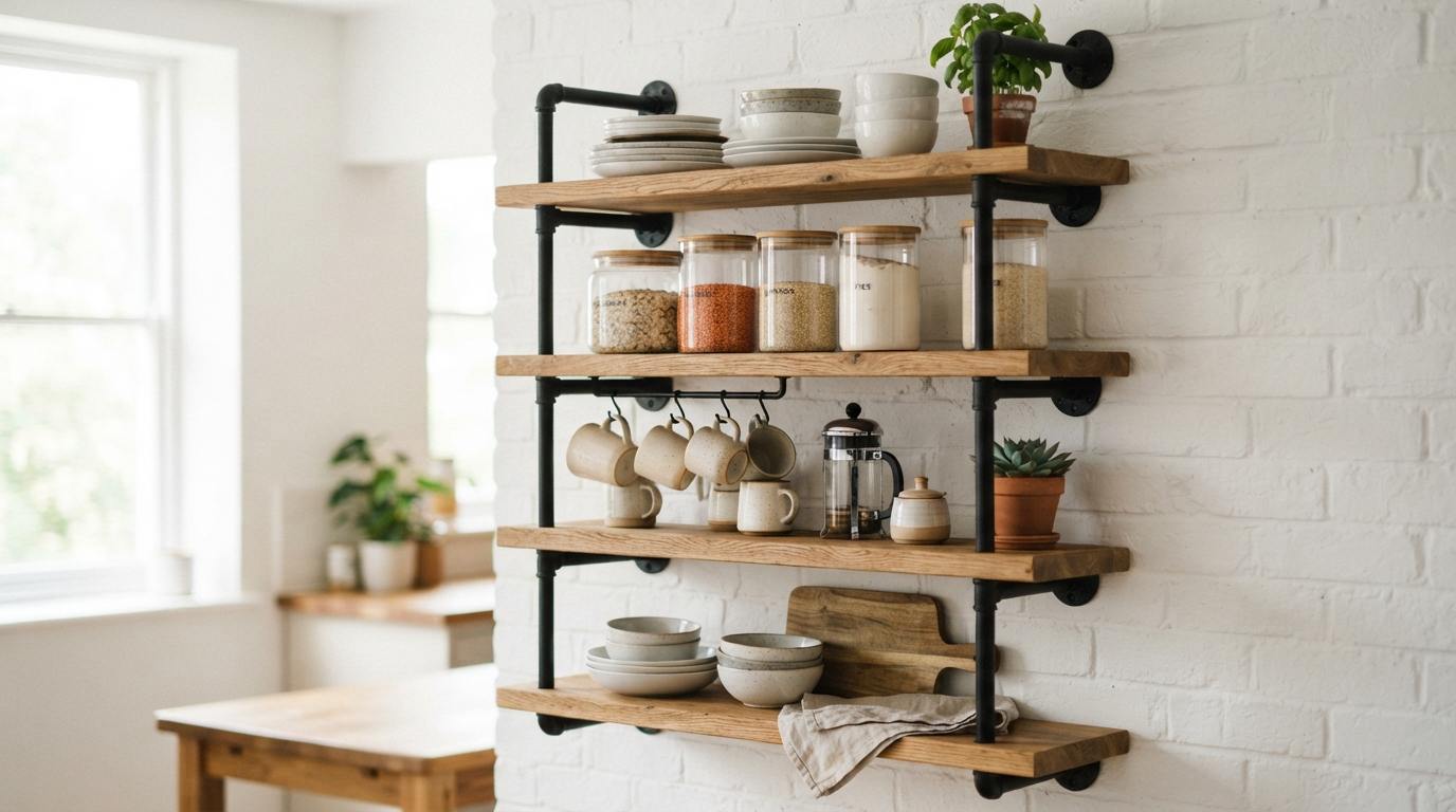 Open Metal Shelving Instead of Upper Cabinets