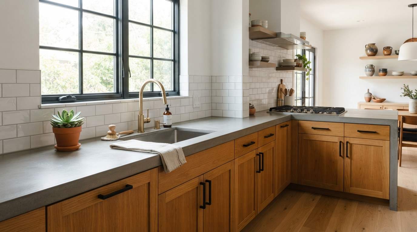 Concrete Countertops with Warm Wood Cabinets