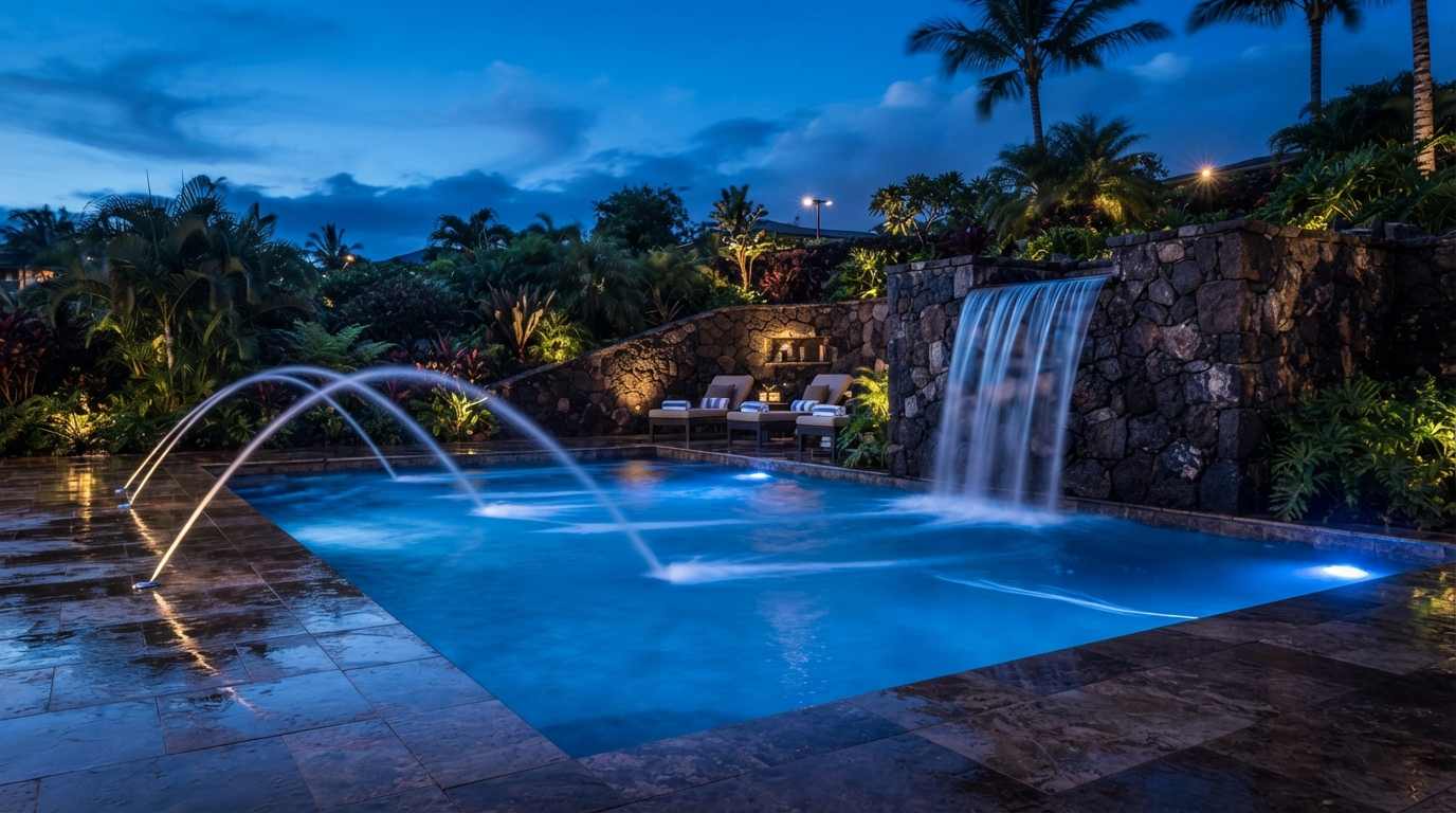 Sunken Pool with Integrated Water Features
