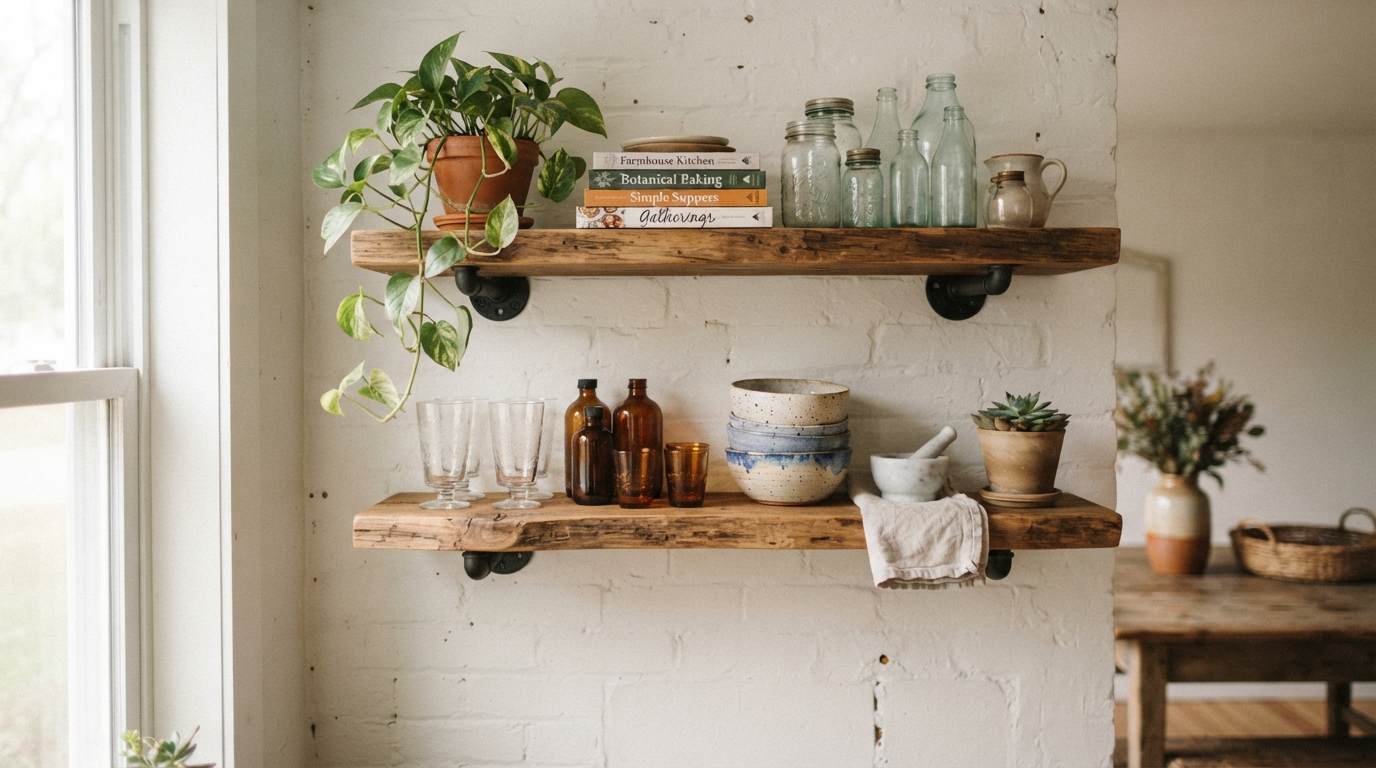 Floating Wood Shelves with Pipe Brackets