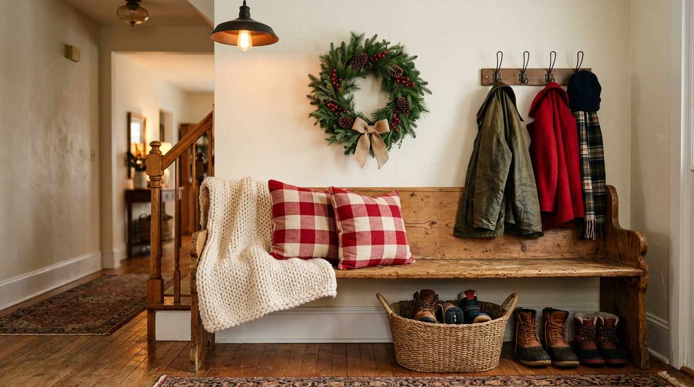 The Cozy Entryway Bench with Throws and Pillows