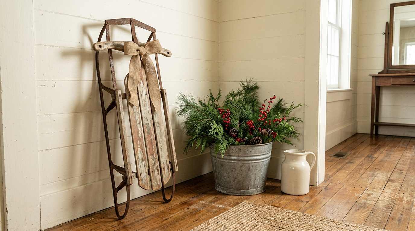  Farmhouse Christmas Entryway with Vintage Touches
