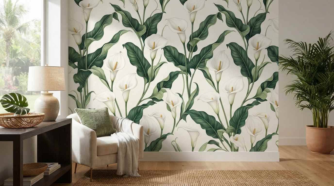 Tropical Calla Lily Leaves and Blooms
