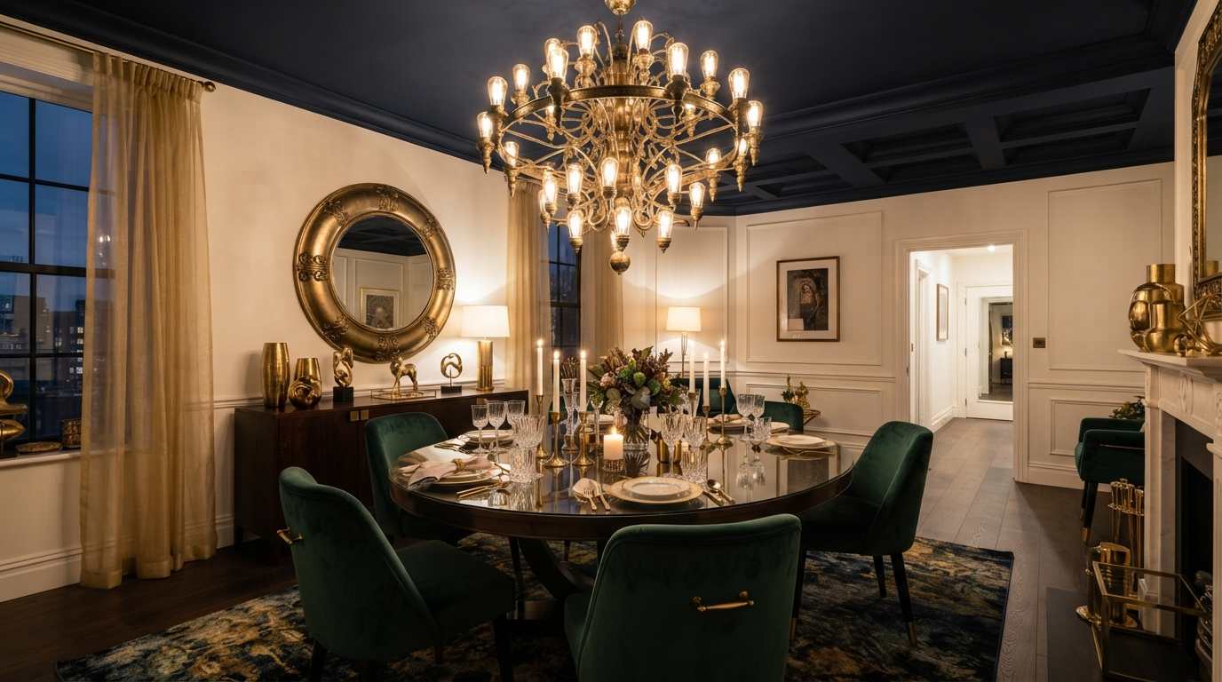 Dark Ceiling With Metallic or Mirrored Accents
