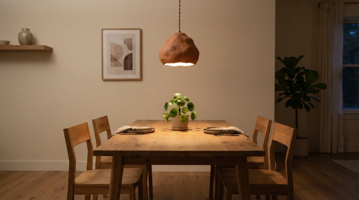 Terracotta Pendant Light Above the Table
