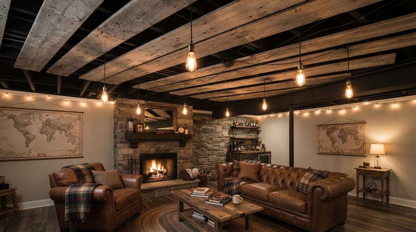 Wood Plank Ceiling Over Exposed Joists