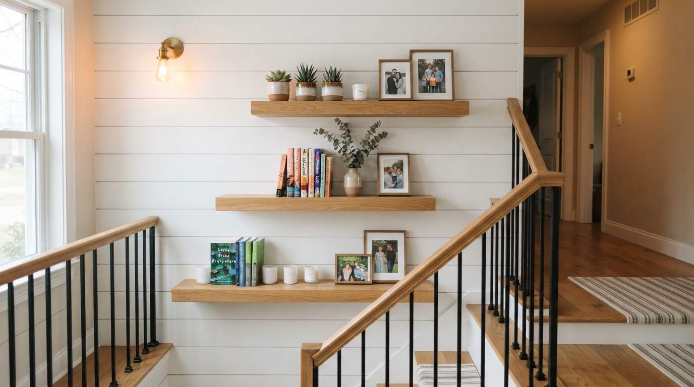 Floating Shelves Along the Staircase Wall
