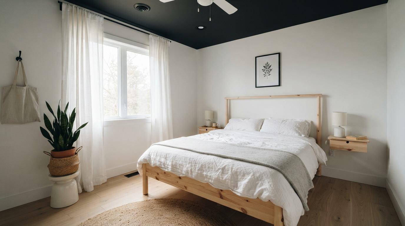 Dark Ceiling With White Walls and Natural Wood
