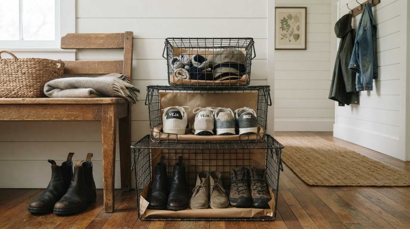 Wire Basket Shoe Storage
