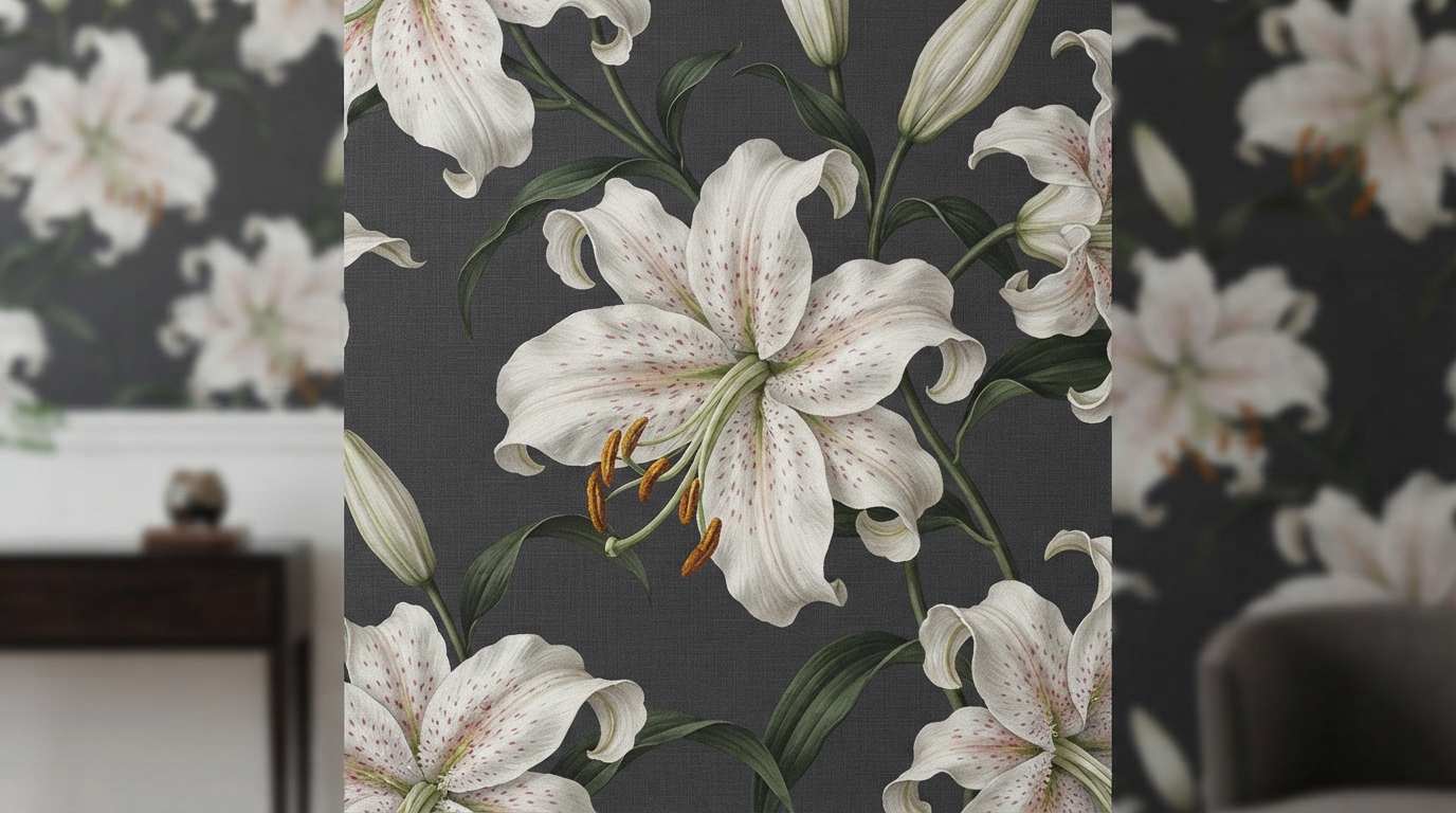 White Stargazer Lilies on Charcoal Background
